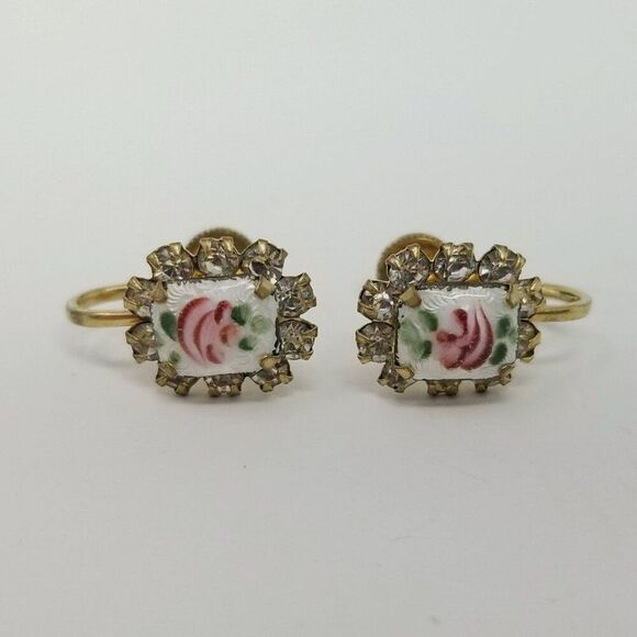 Vintage Pink Enamel Rose Clip On Earrings, Rhinestone Halo Gold Tone Screw Backs - Picture 7 of 7